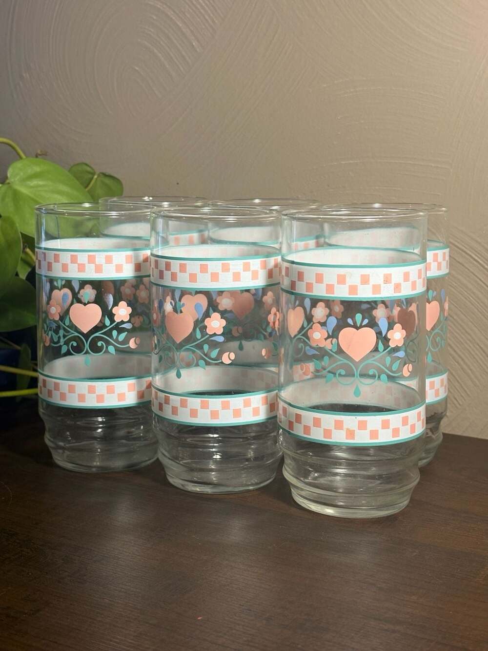6 Vtg Indiana Glass Country Hearts & Flowers Checkerboard Highball Glass Cups